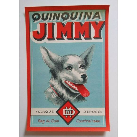 Quinquina Jimmy Vintage 1920s Wine Litho Label Silvery Grey Dog Artwork Original - Picture 2 of 4